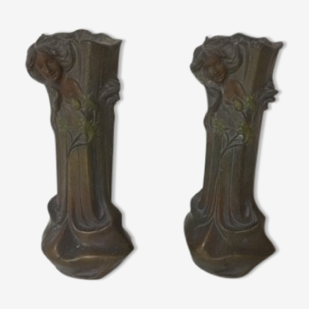 Paire de vases en régule signés Flora Francesco - Art Nouveau