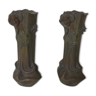 Paire de vases en régule signés Flora Francesco - Art Nouveau