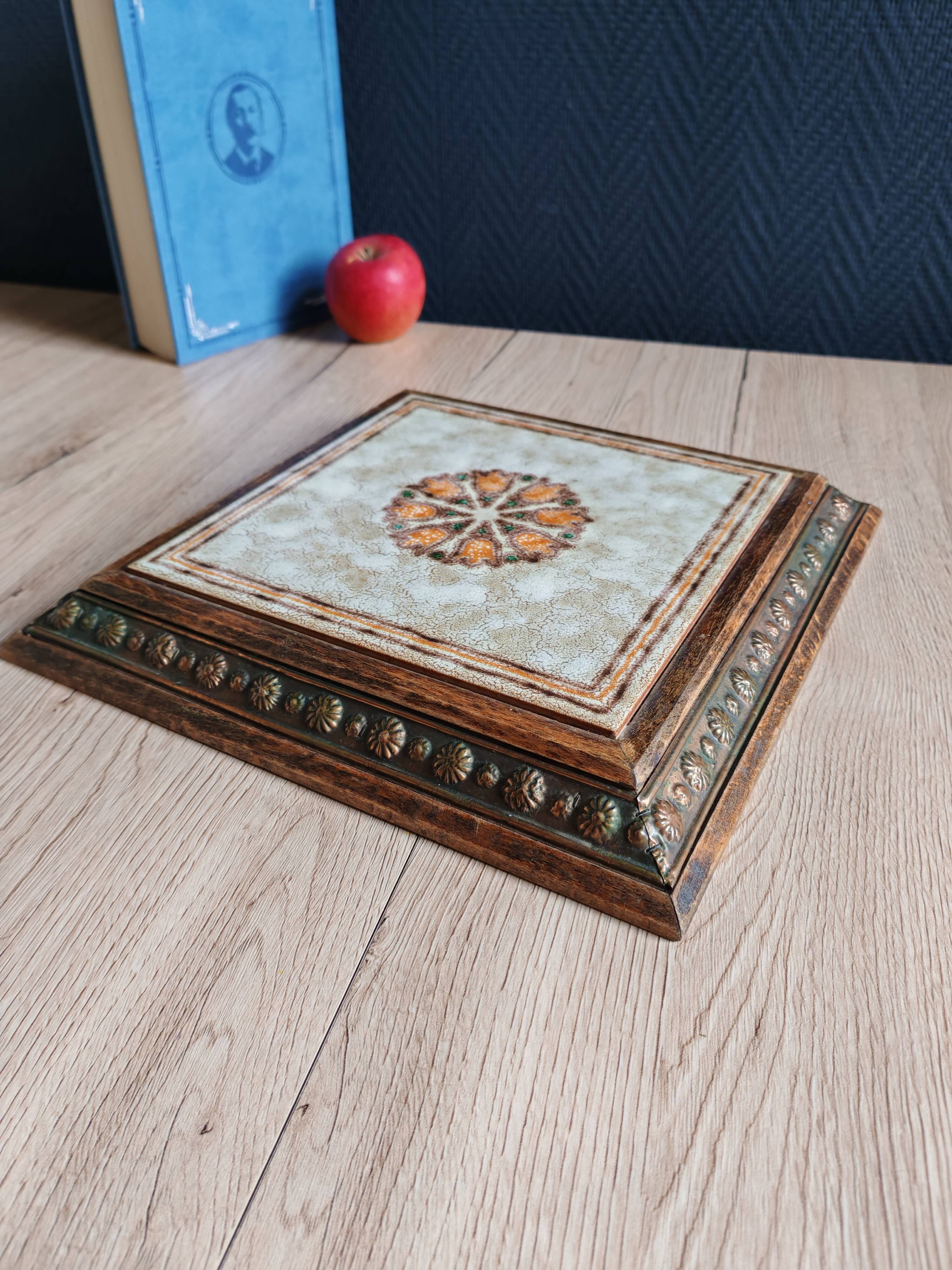 Old Italian Ceramic Trivet and Wooden Frame