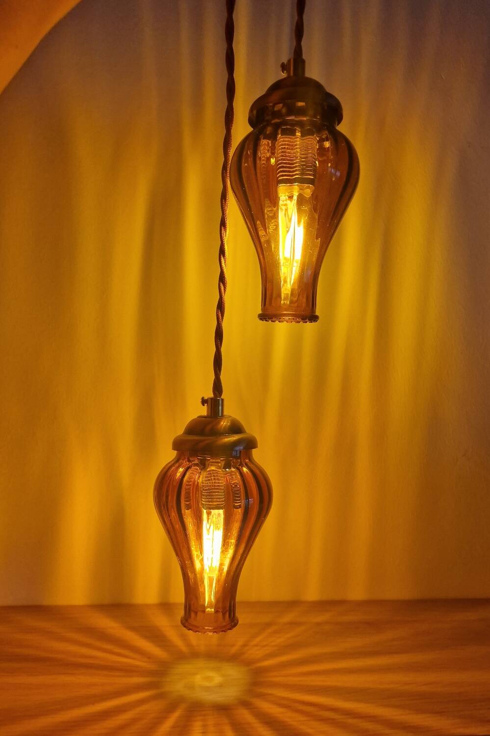 Duo of brown smoked glass portable lamps