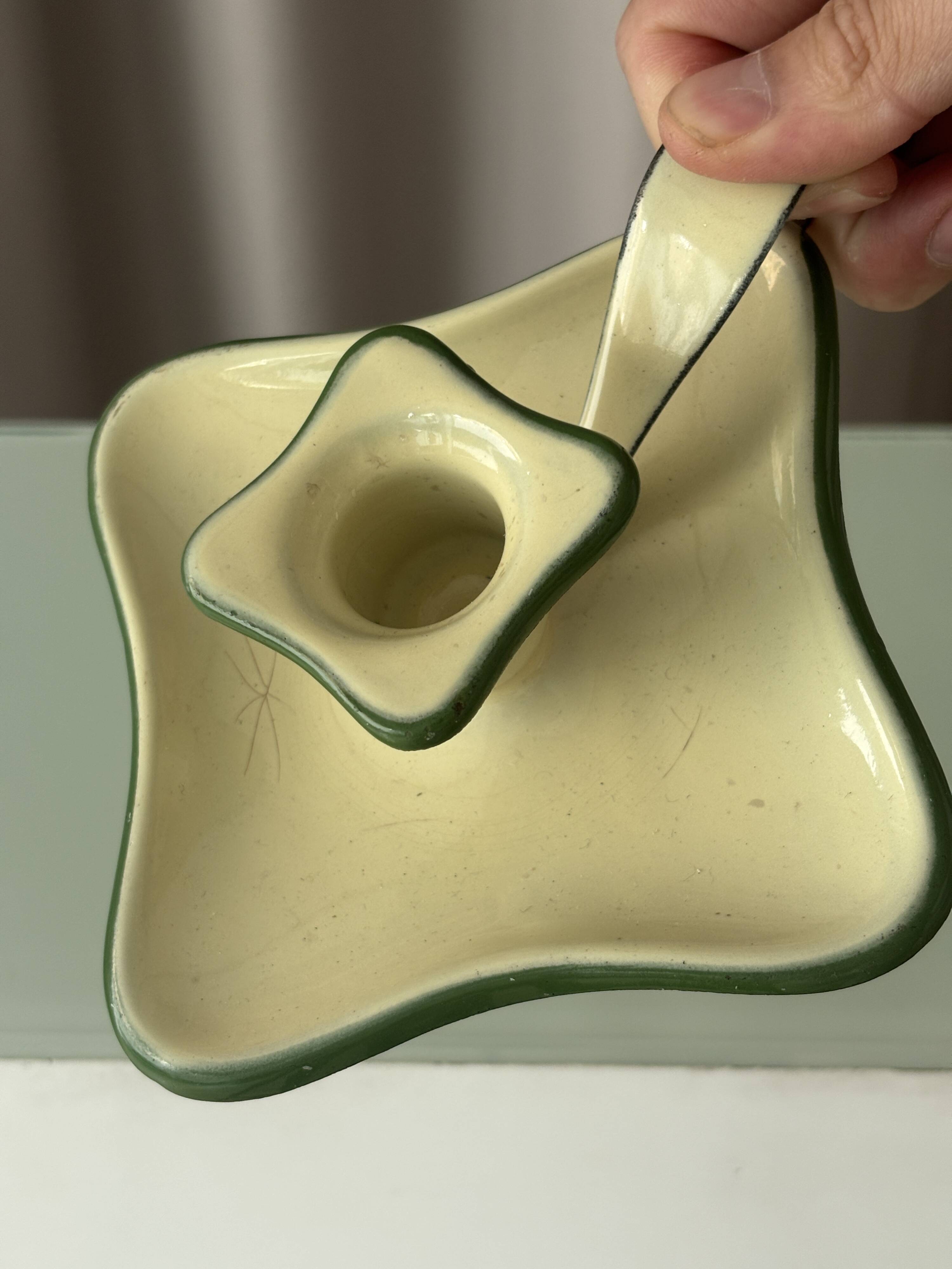Vintage Belgian Enamel Chamberstick Candle Holder – Cream & Green