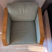 Vintage armchair Hugues Chevalier Paris — Almond green leather & Wood