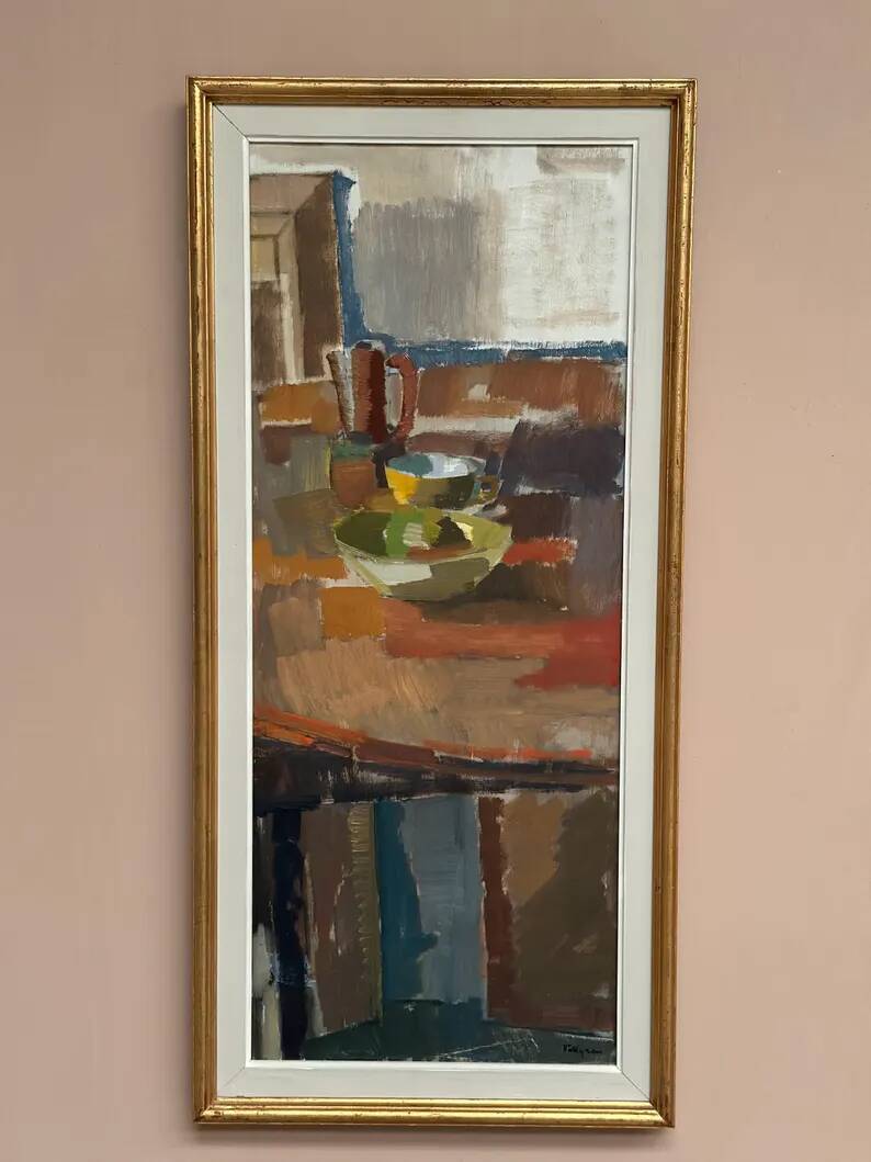 Large Original Swedish Oil on Canvas – “Still Life” by Ingvar Hällgren – Signed – Vintage & Framed – 89 × 42 cm (35" × 16.5")