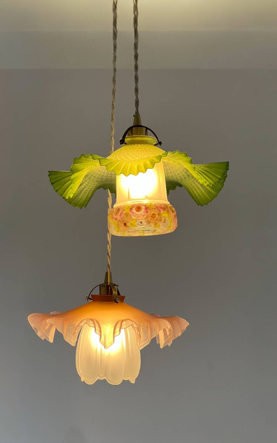 Pleated opaline and tulip pendant light with art deco floral motifs