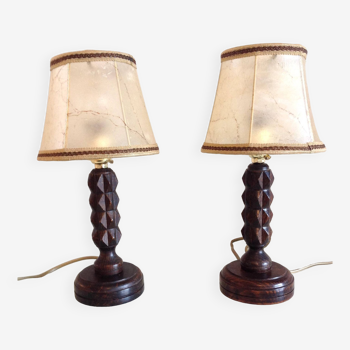 Pair of Charles Dudouyt-style turned wooden bedside lamps / 1930s-40s