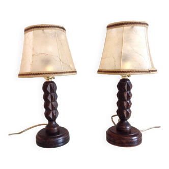 Paire de lampes de chevet en bois tourné esprit Charles Dudouyt / années 30-40