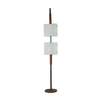 Scandinavian floor lamp in black lacquered steel and teak with two diffusers
