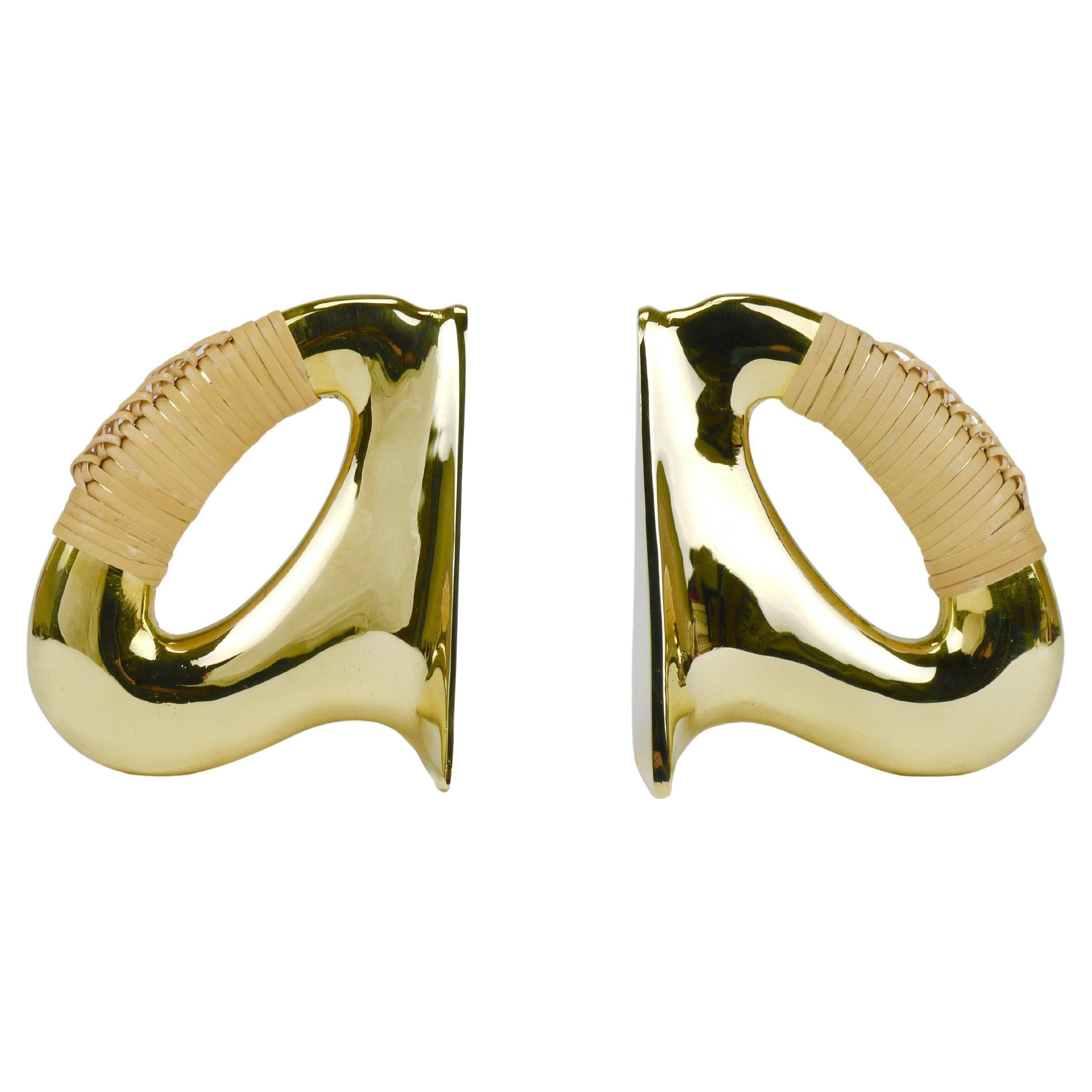 Pair of Carl Auböck Flat Iron bookends in brass and rattan #3530, Vienna, Austria