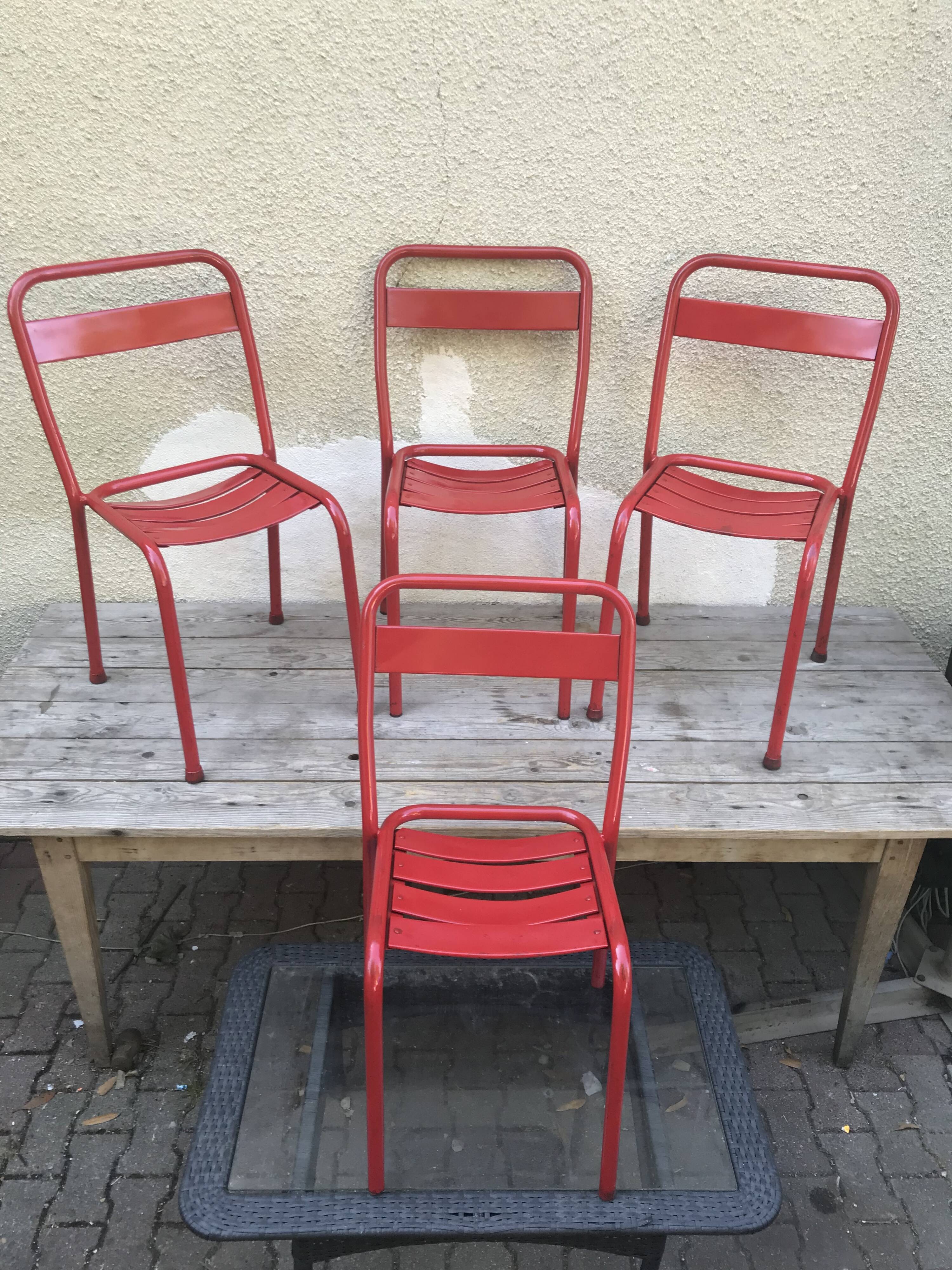 Set of 4 chairs old Tolix T1 metal stackable red vintage