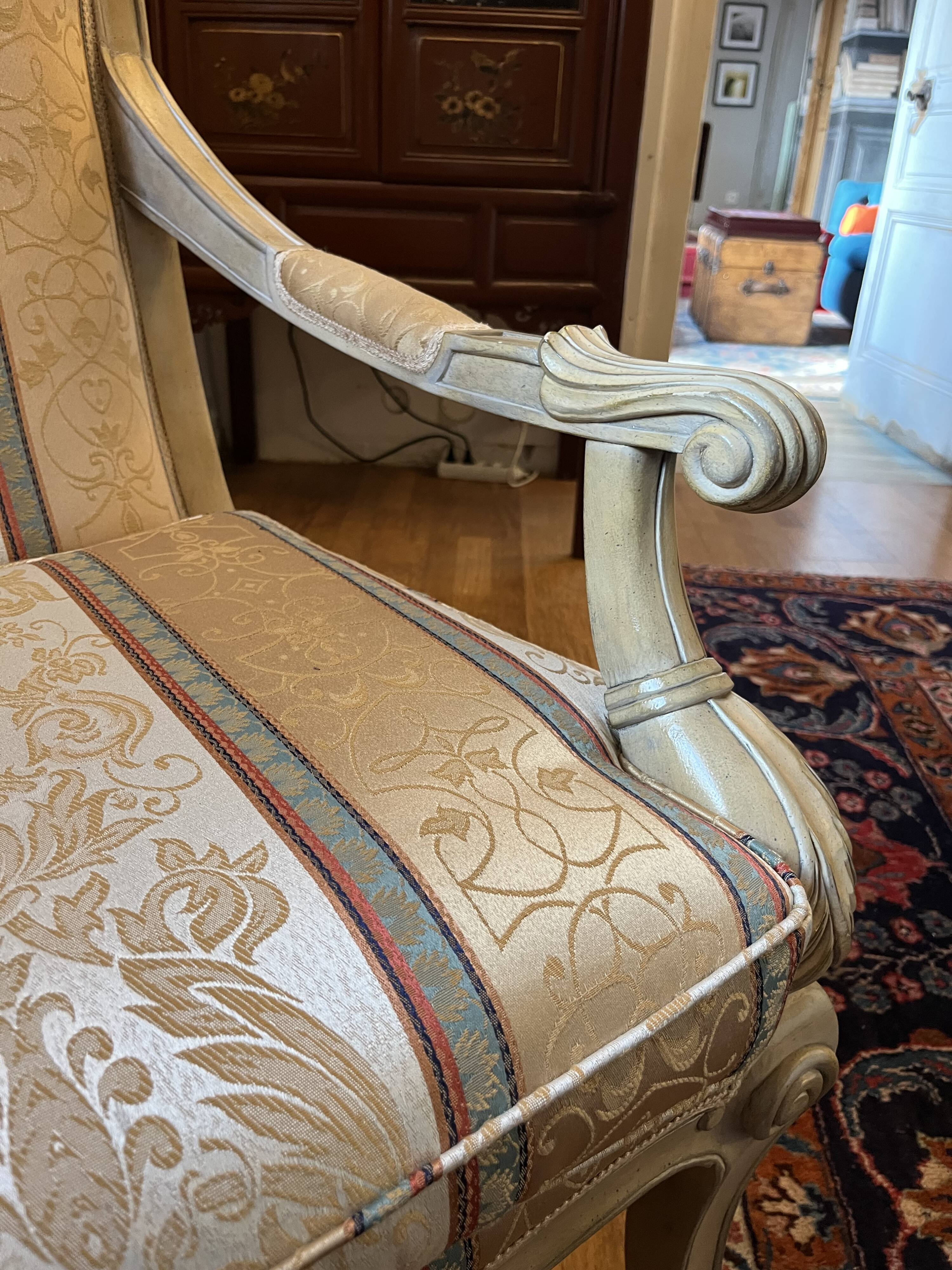 Louis XV bergère in vintage revival; timeless; provincial; French.