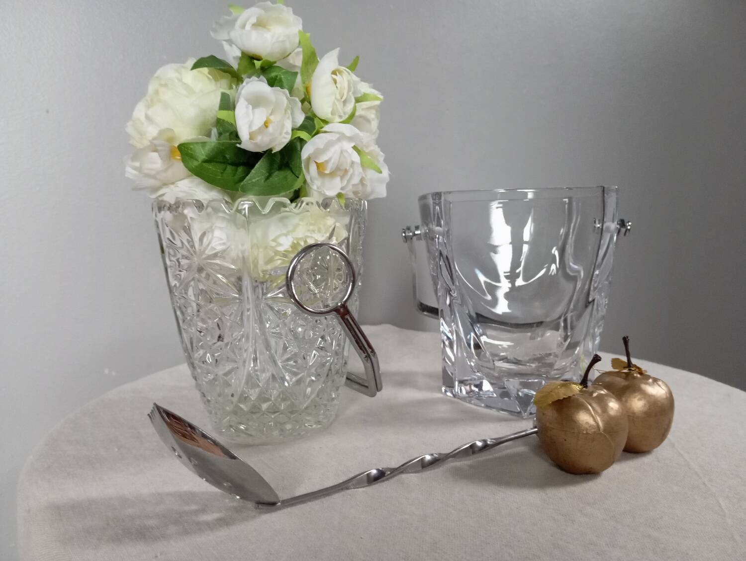 Duo of crystal ice buckets, silver metal, vintage