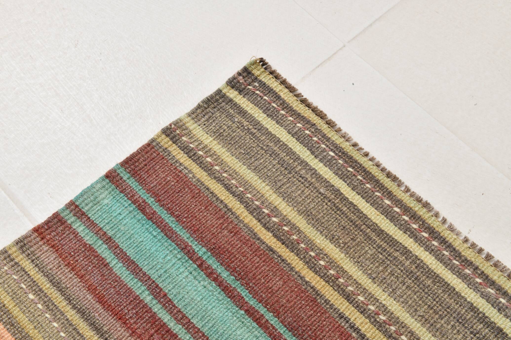 4x7 Pale Orange & Mint Green Striped Wool Kilim Rug, Washable Rug,126x210Cm