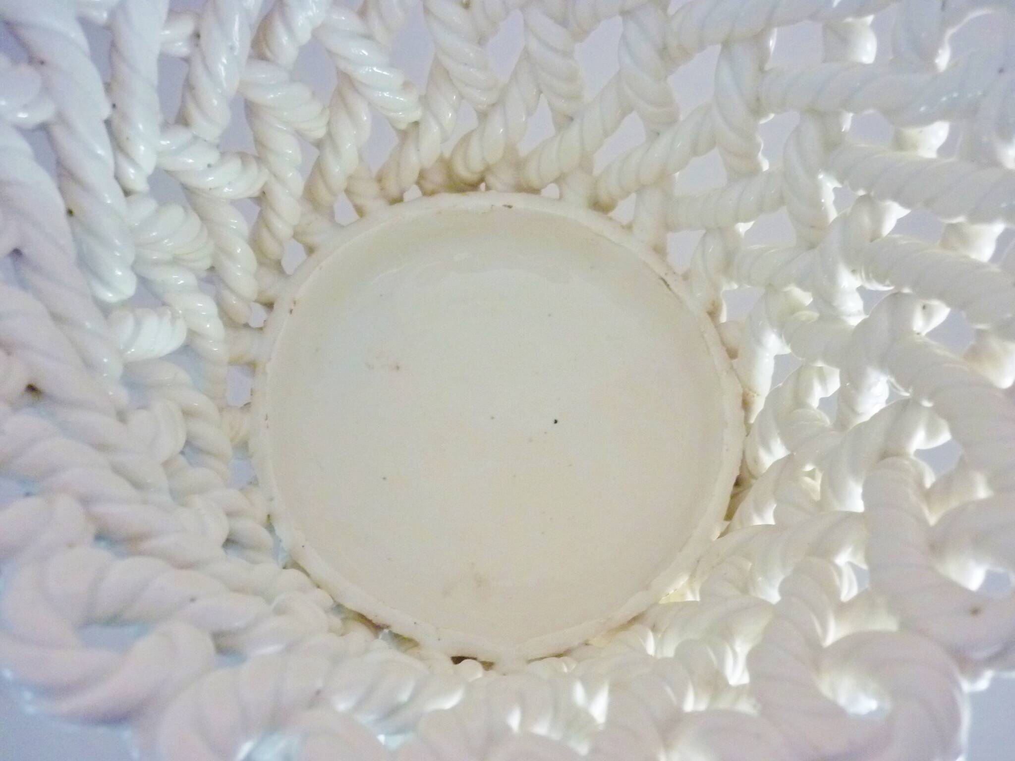 White enameled ceramic pot cover, braided, openwork, vintage