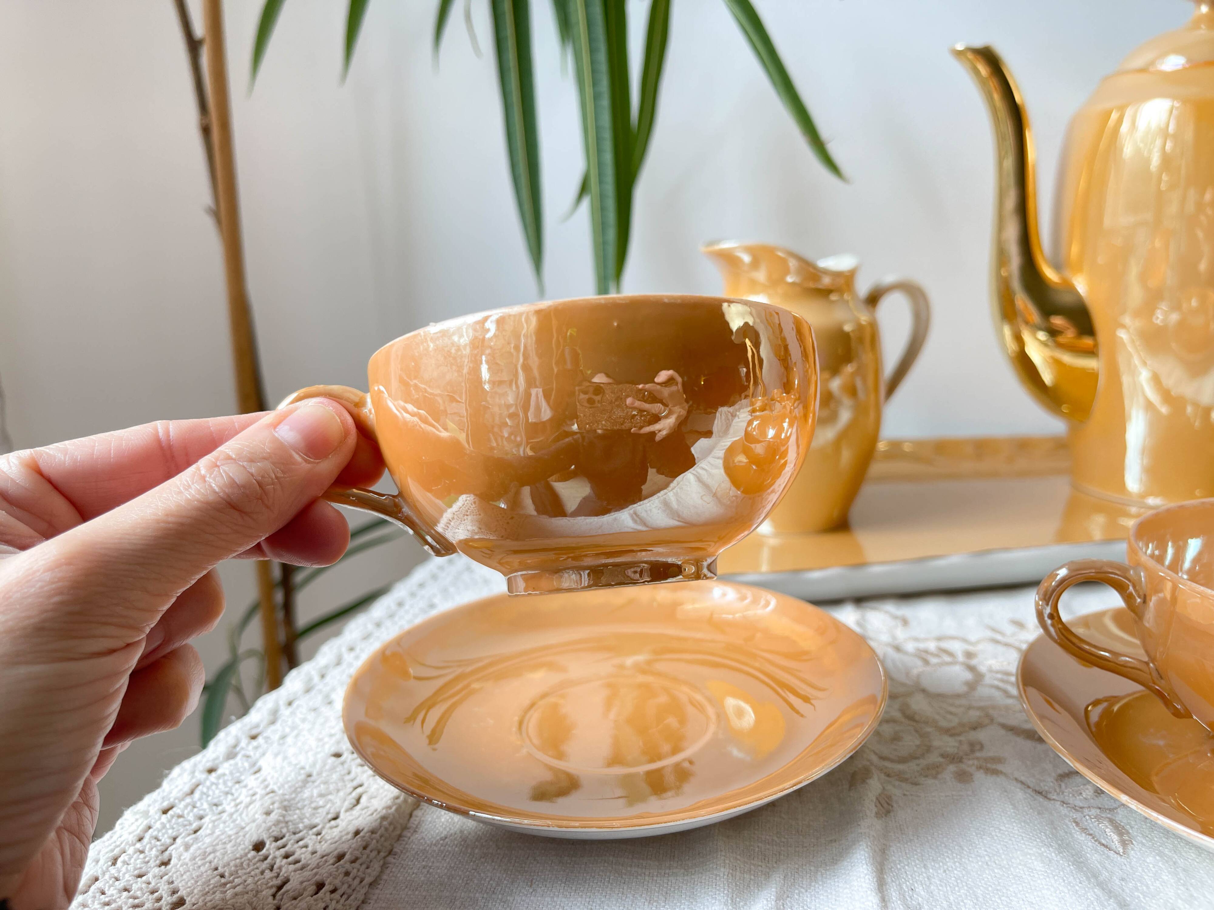 Vintage Czecho-Slovakia Victoria China Iridescent Peach Lustre Tea Set 1950s