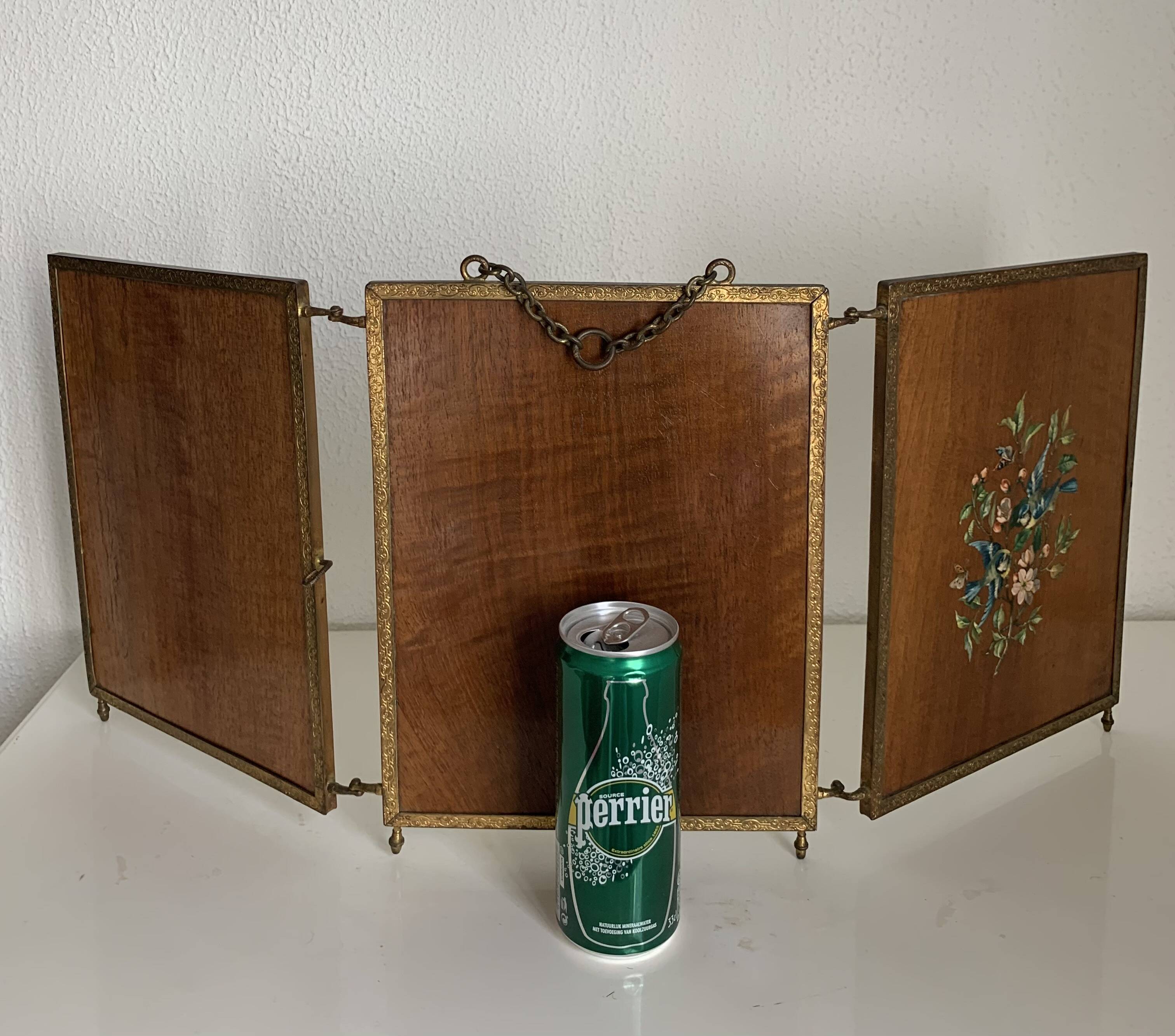 Vintage mirror 1900 barber triptych brass and wood - 29 x 70 cm