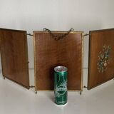 Vintage mirror 1900 barber triptych brass and wood - 29 x 70 cm