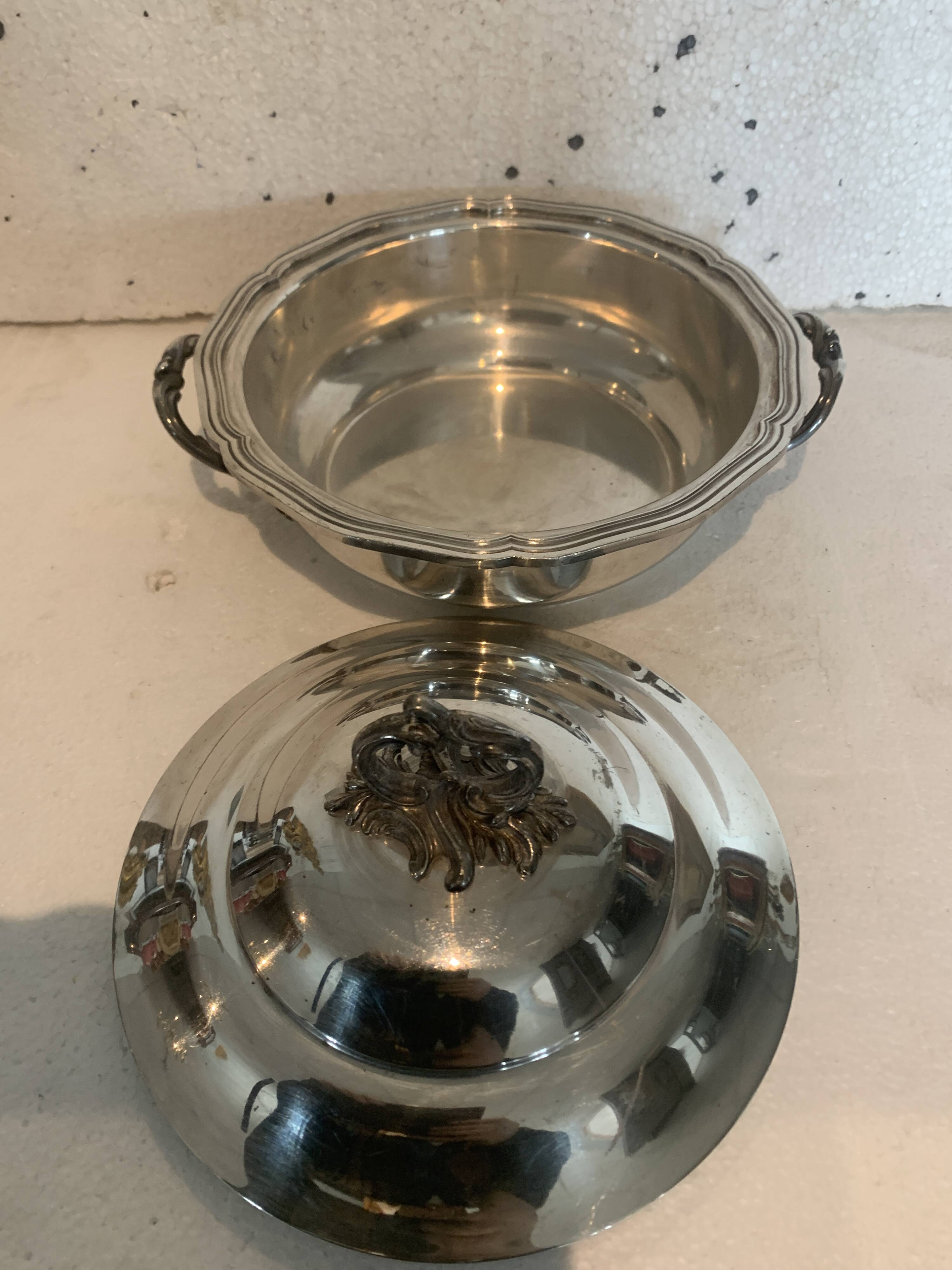 Covered broth and two small silver-plated dishes, 20th century