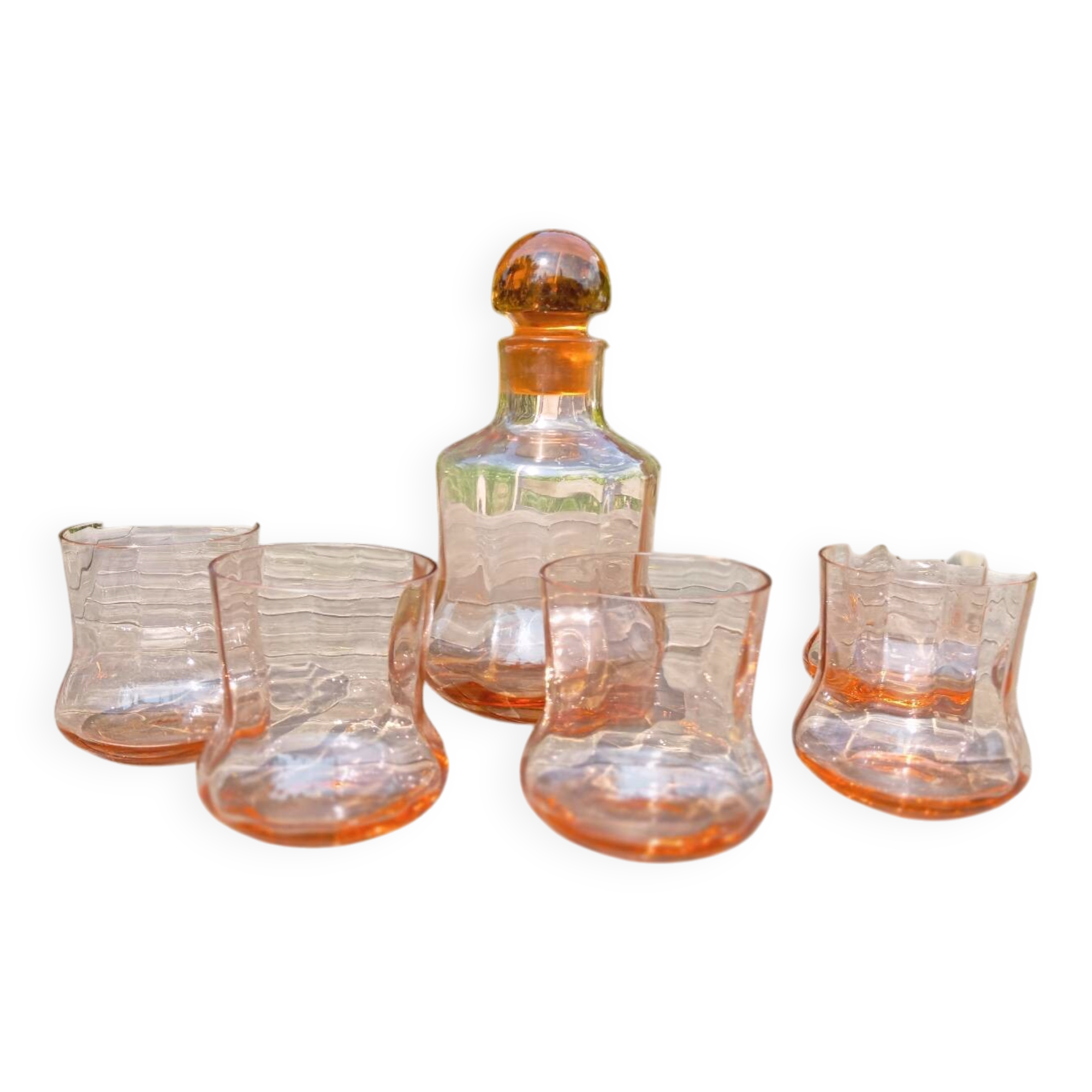 Retro whiskey set with pink glass, decanter and 5 glasses