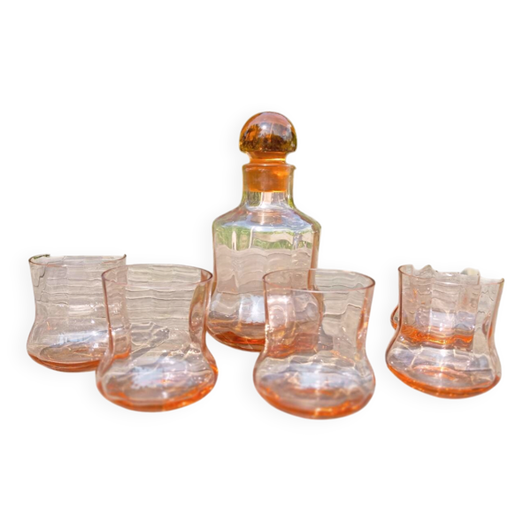 Service à whisky rétro verre rose, carafe et 5 verres