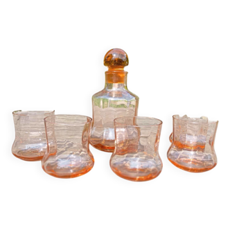 Retro whiskey set with pink glass, decanter and 5 glasses