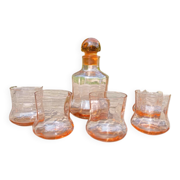 Service à whisky rétro verre rose, carafe et 5 verres