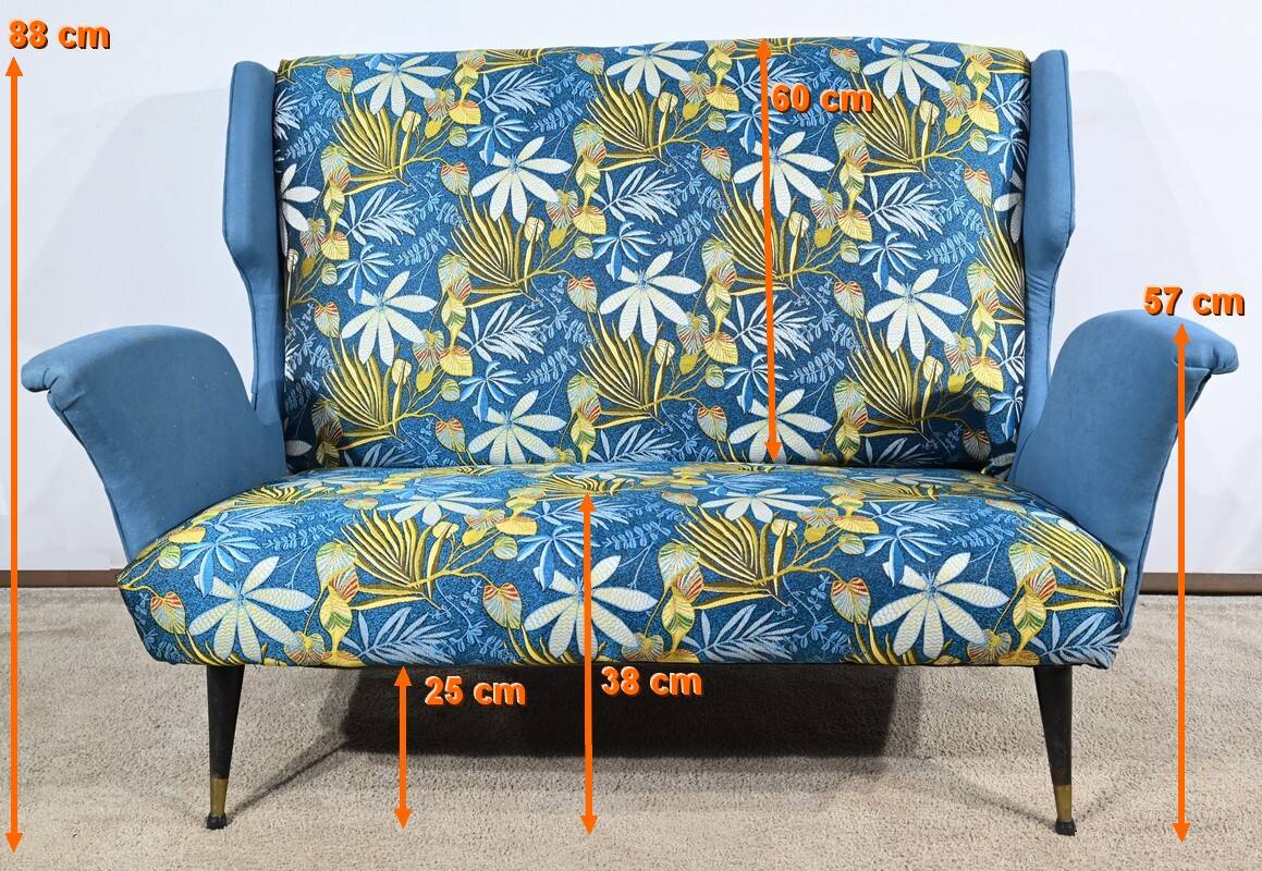 2-Seater Bench in Azure Blue Fabric – 1940s
