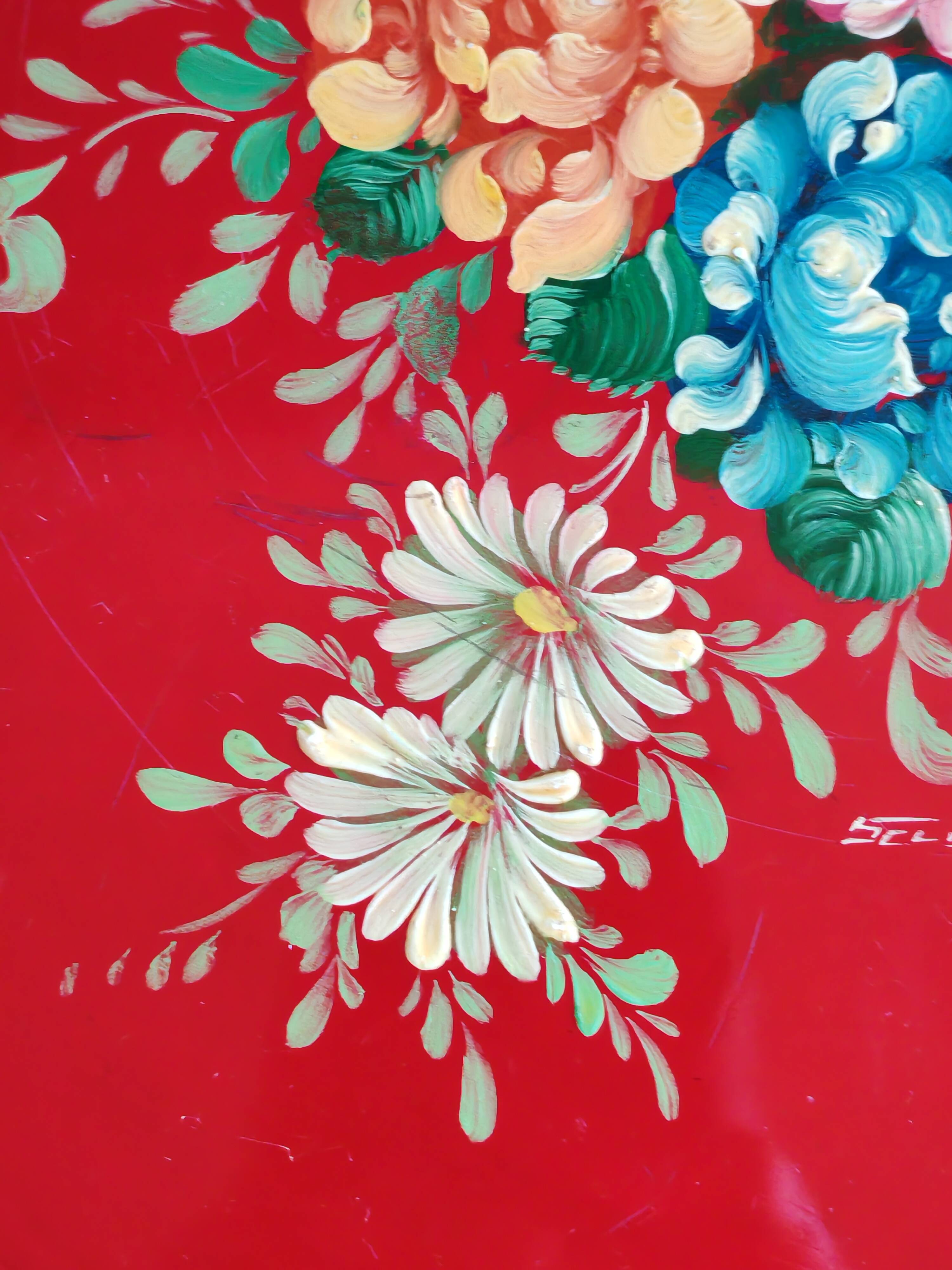 Old Red Plate Signed - Hand-Painted Floral Decoration