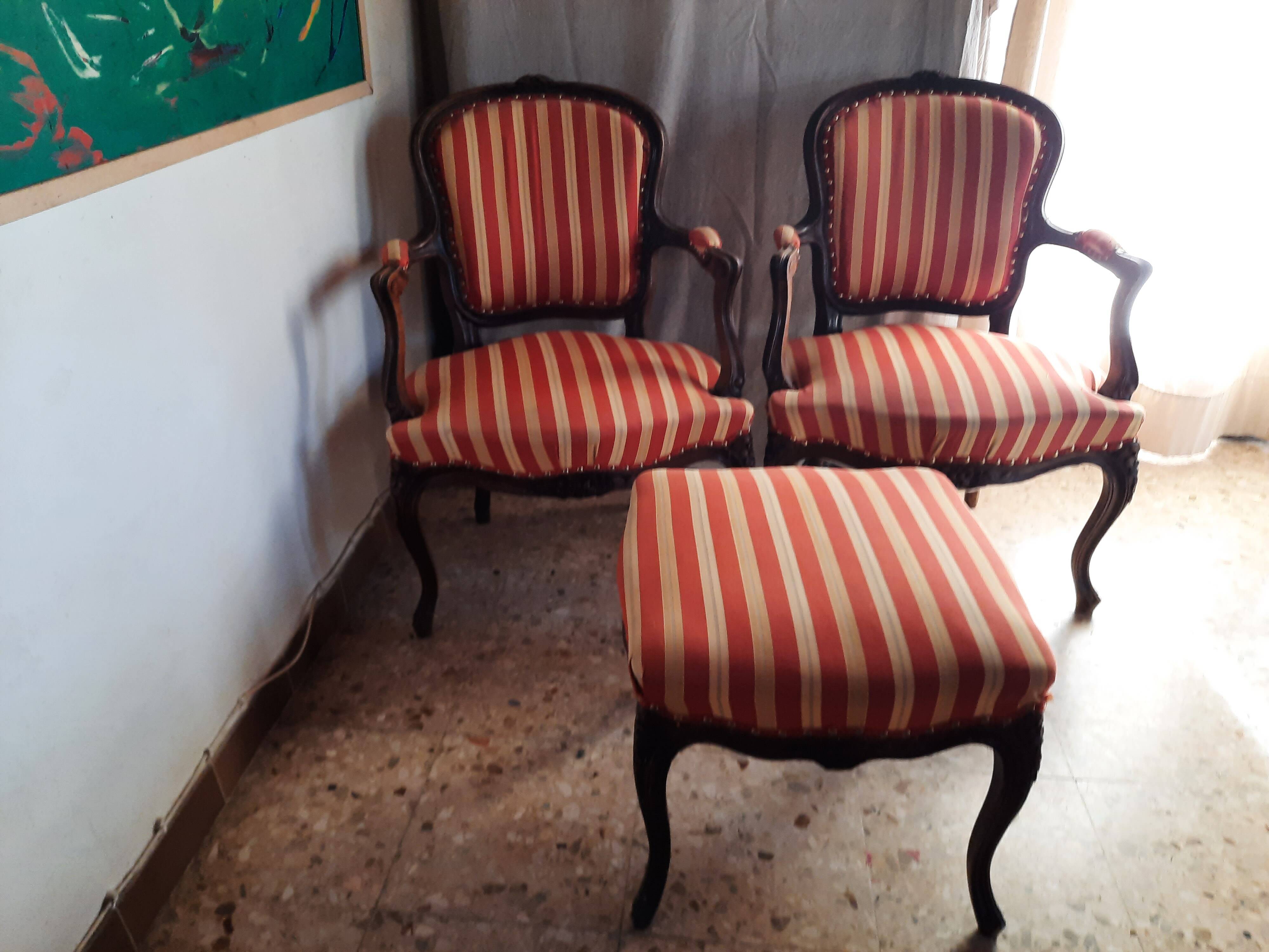 Pair of armchairs + stool in antique Louis XV style