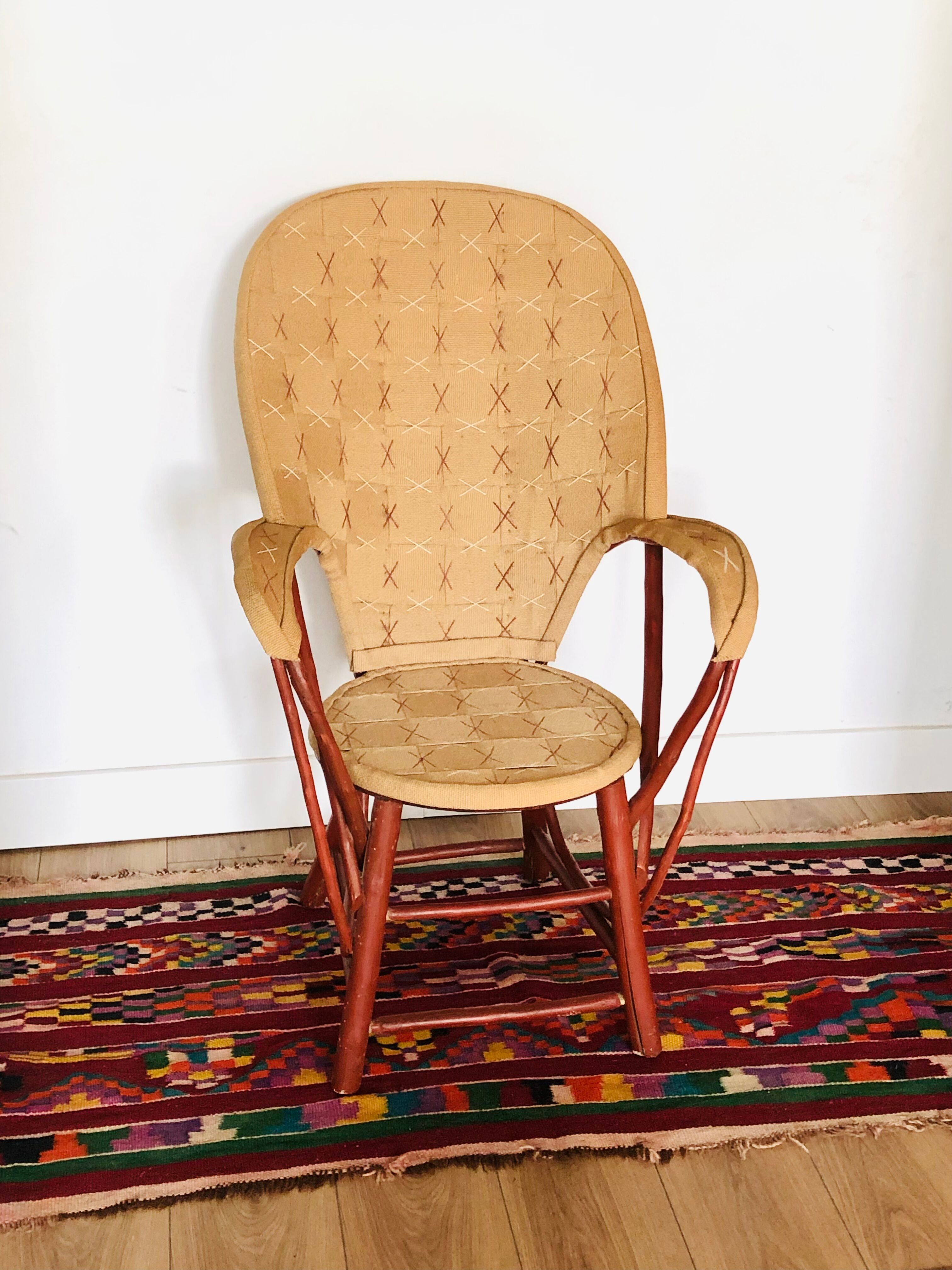 Vintage chestnut armchair and burlap