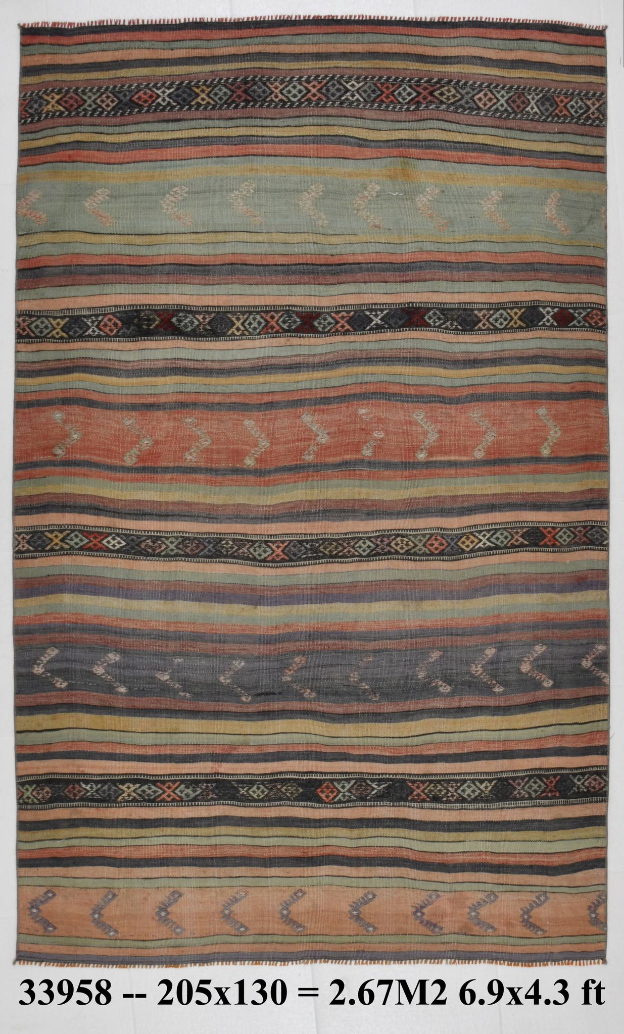 Tapis Kilim à rayures rouges et vertes, 130 x 205 cm