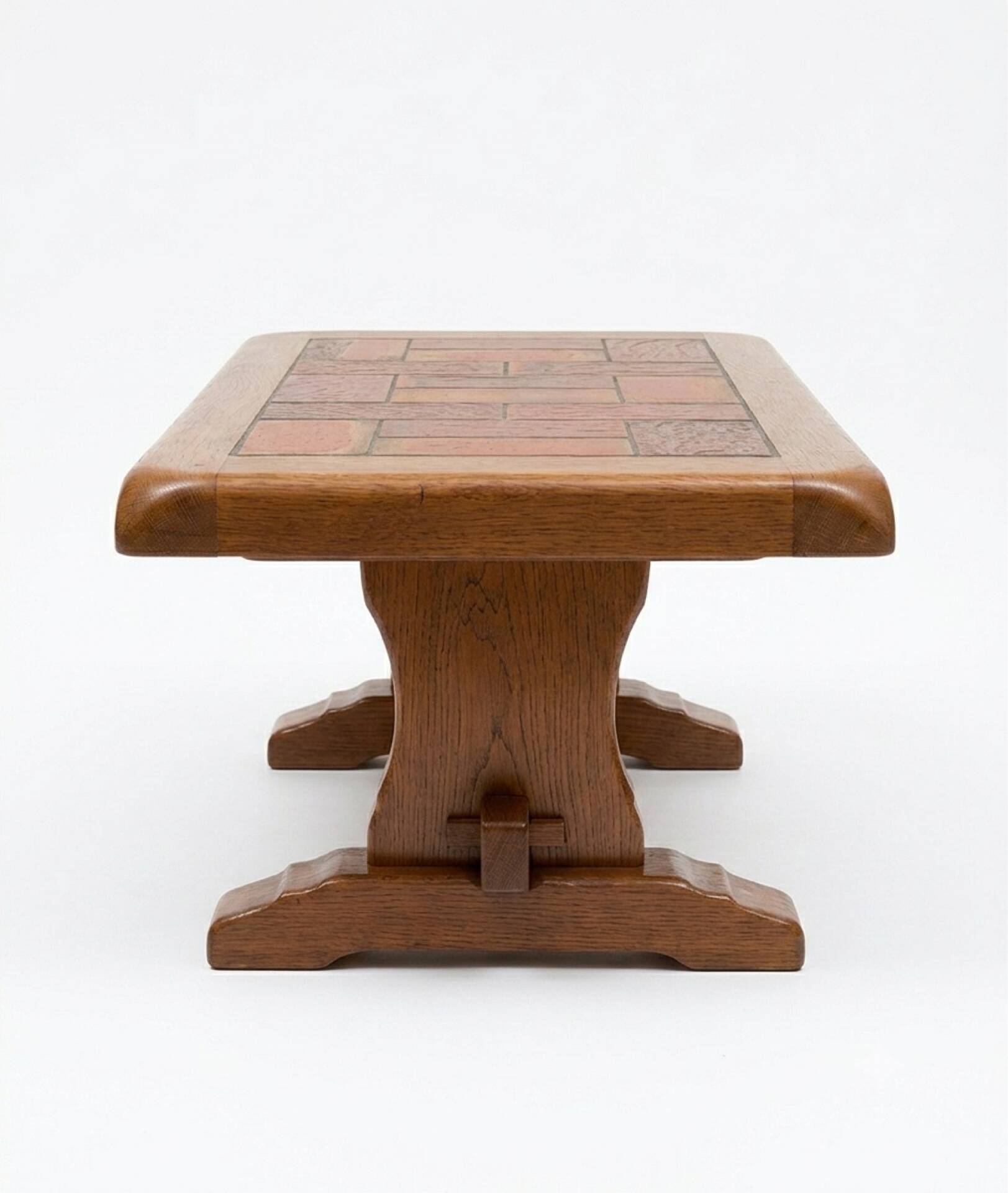Brutalist coffee table in solid oak and ceramic – 1970
