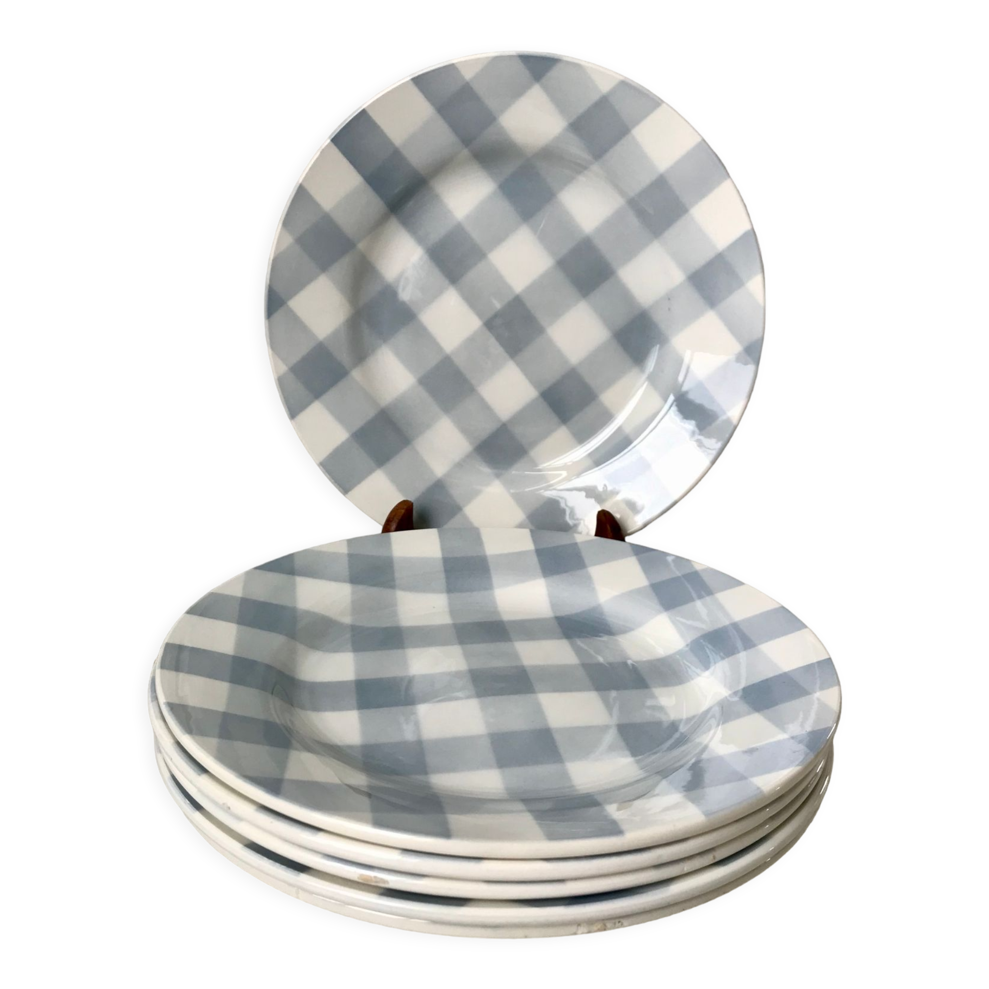 Lot de 5 assiettes plates digoin sarreguemines modèle "écossais" vichy bleu ciel années 40-50