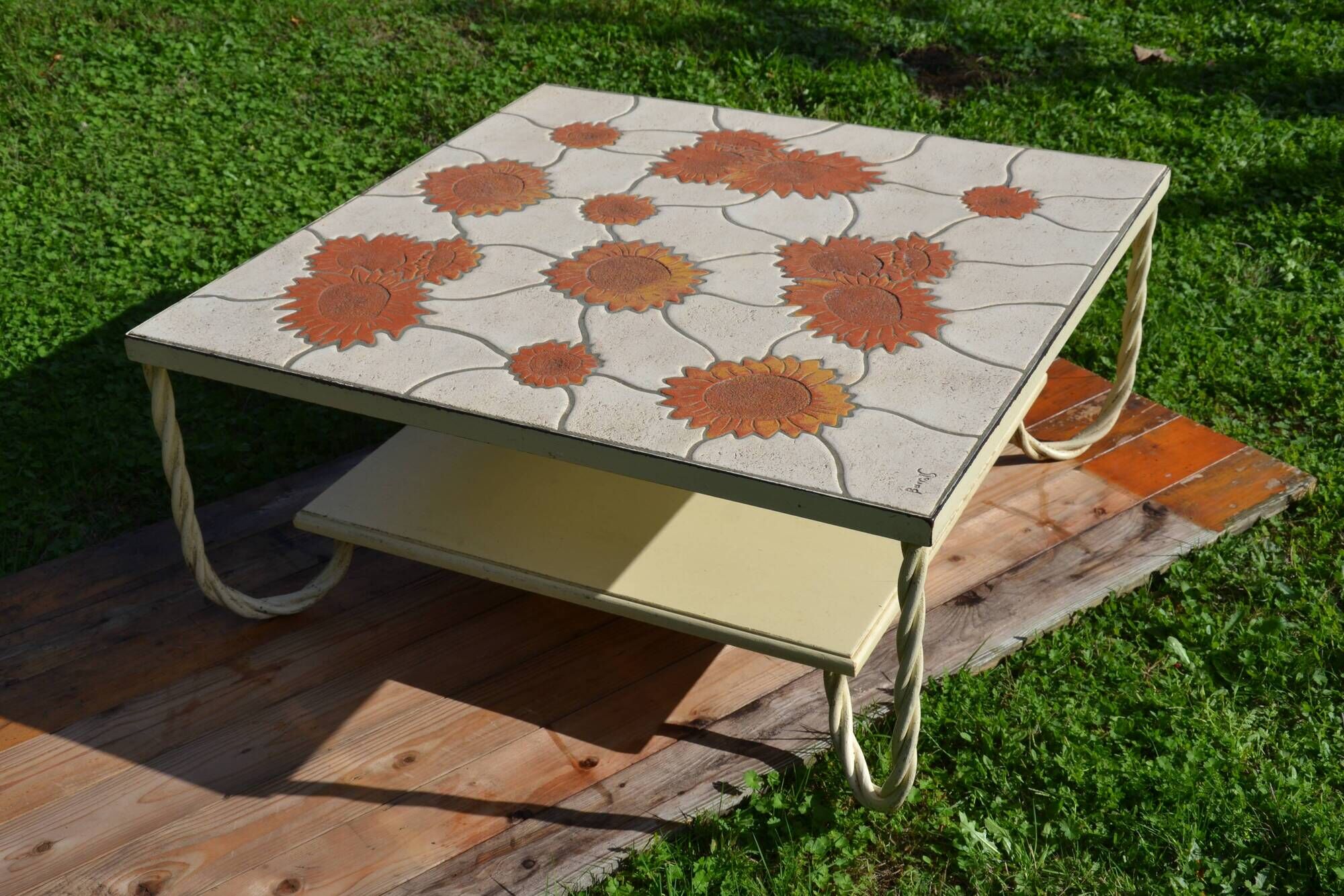 Ceramic coffee table Vallauris "Sunflower" signed Barrois