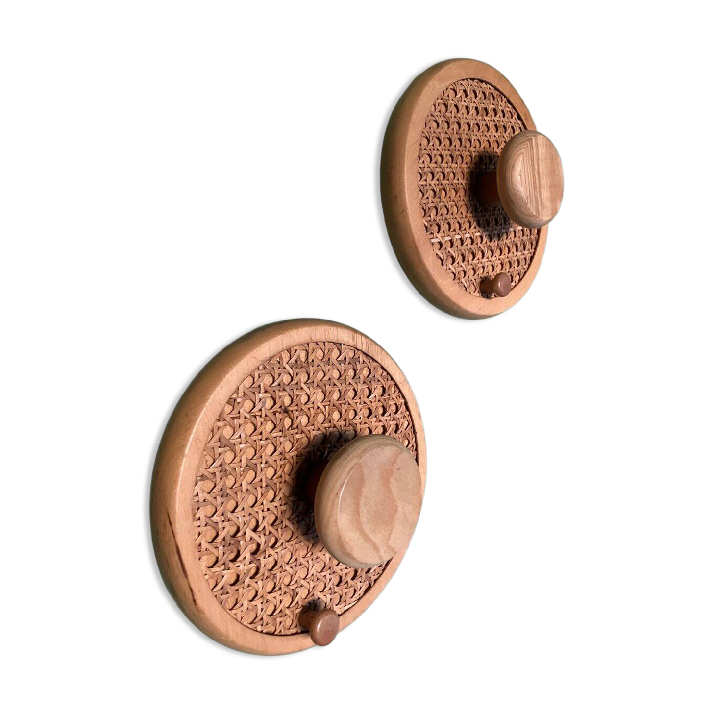 Coat Wall Hooks in Wood and Woven Cane, 1960s, Set of 2