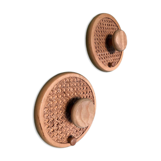 Coat Wall Hooks in Wood and Woven Cane, 1960s, Set of 2