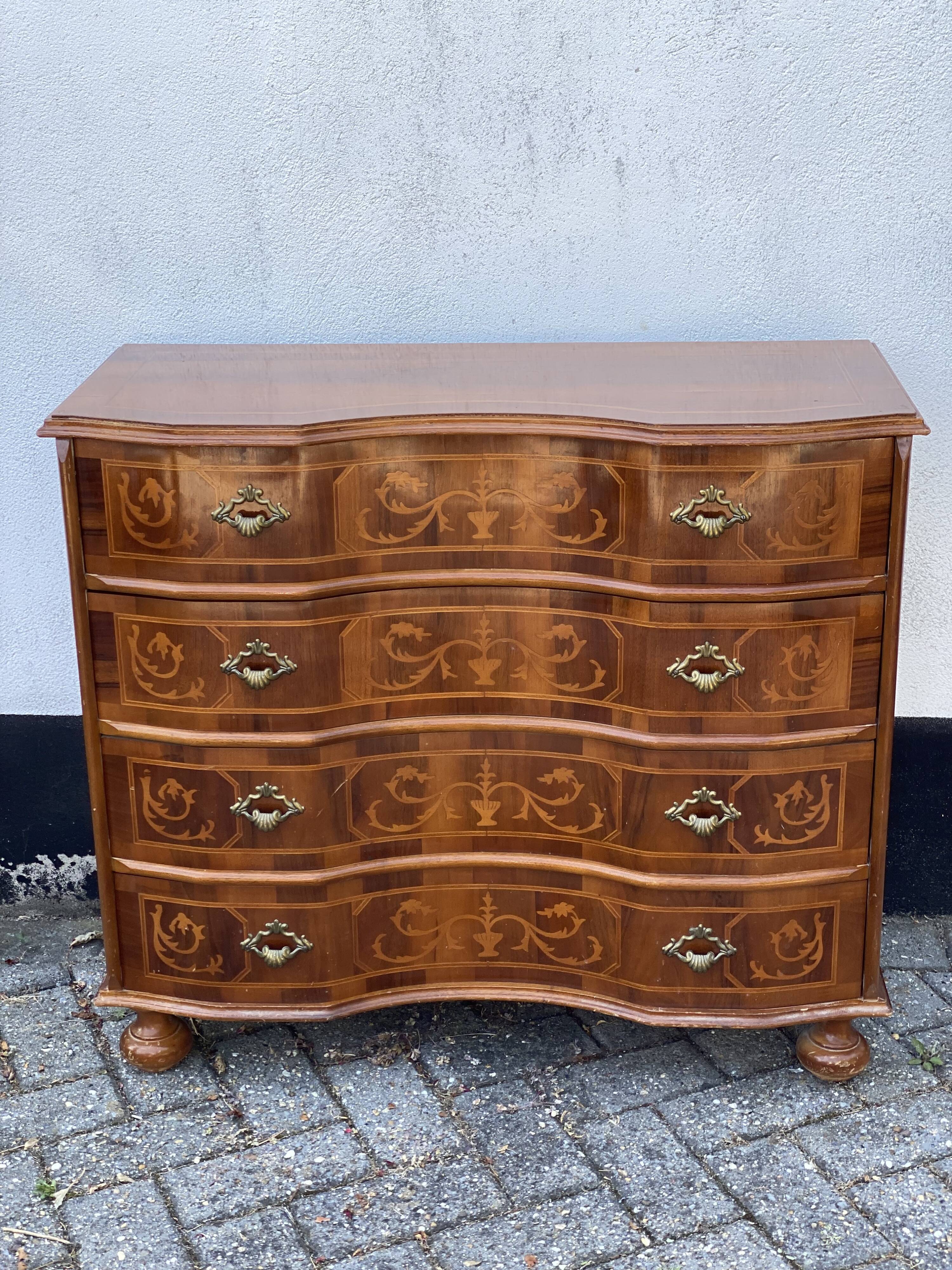 Vintage Inlay Wood Chest of Drawers in the Style of Louis XIV