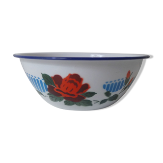 old salad bowl in enamelled steel vintage flowers