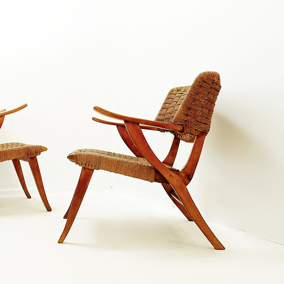 Pair of rope and wood armchairs - 1950s