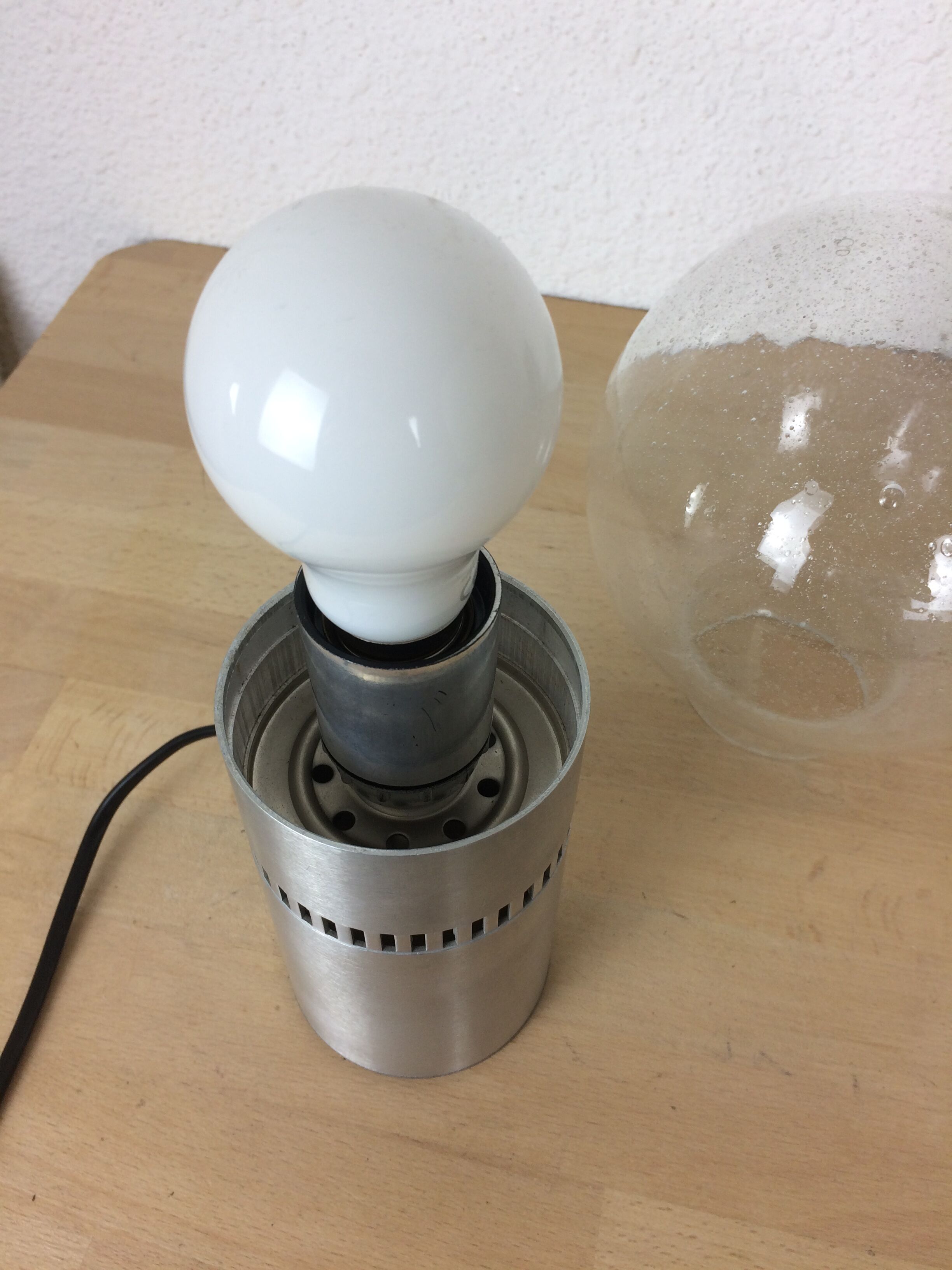 70's globe lamp brushed aluminum and bubbled glass, space age