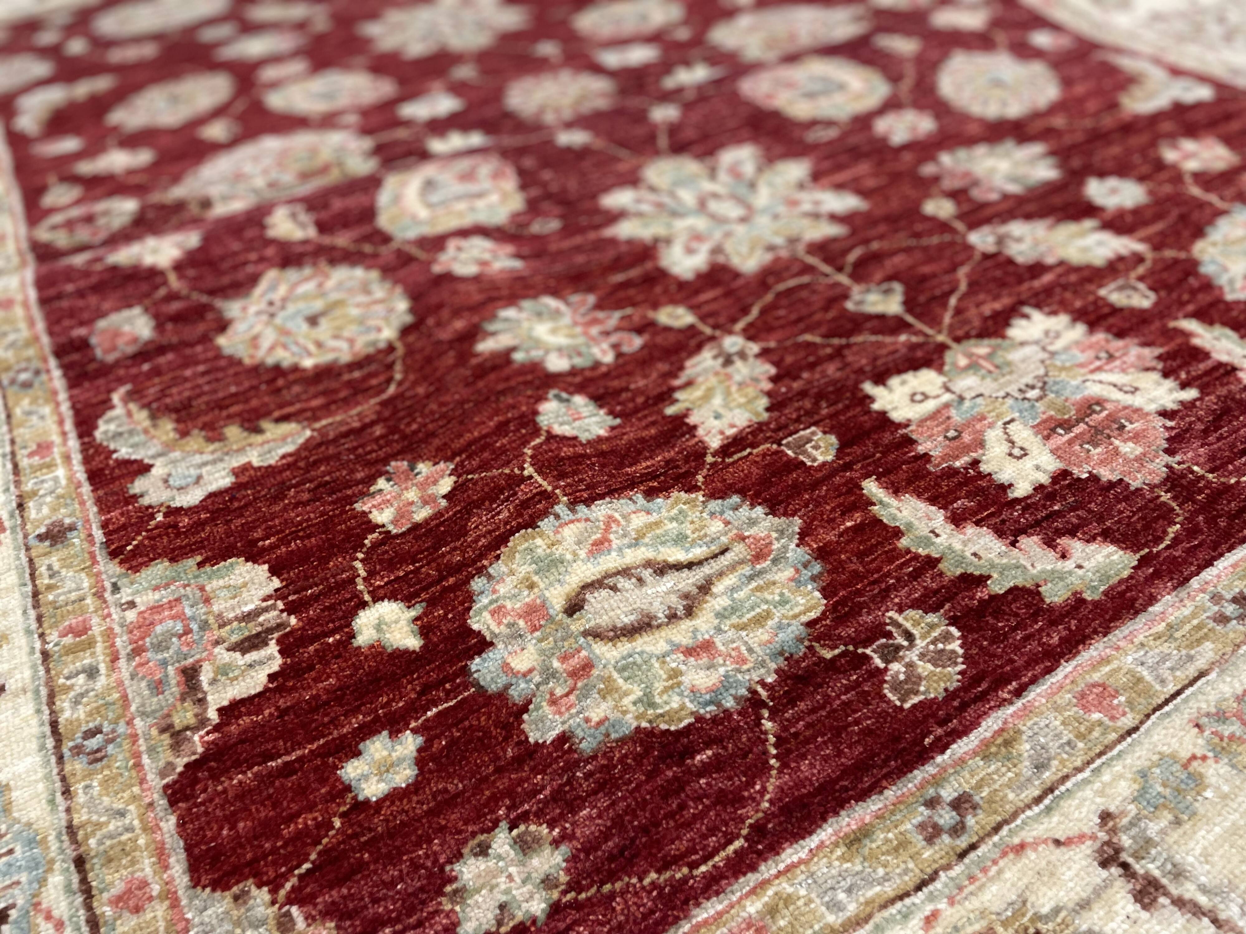 Tapis Zeigler en laine rouge fait main, motif floral, pour salon et séjour, 144 x 190 cm