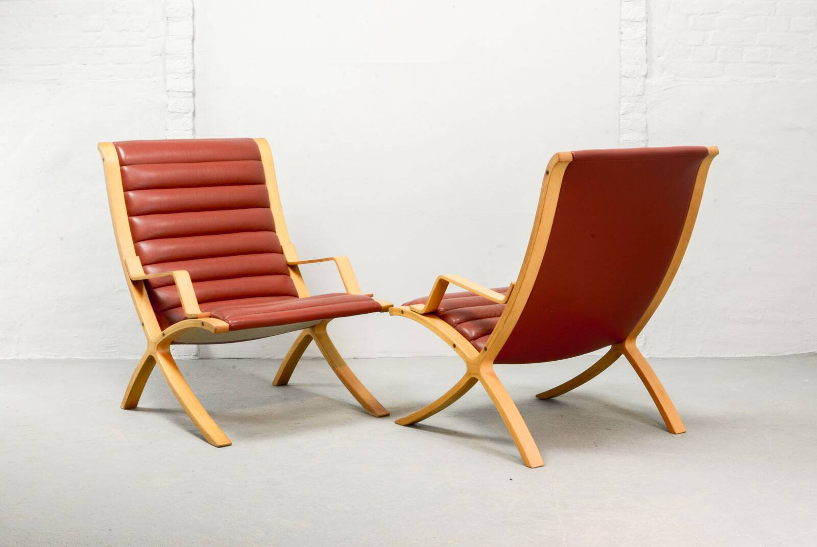 Padded Red Leather High Back AX Lounge Chairs by Hvidt and Molgaard Nielsen