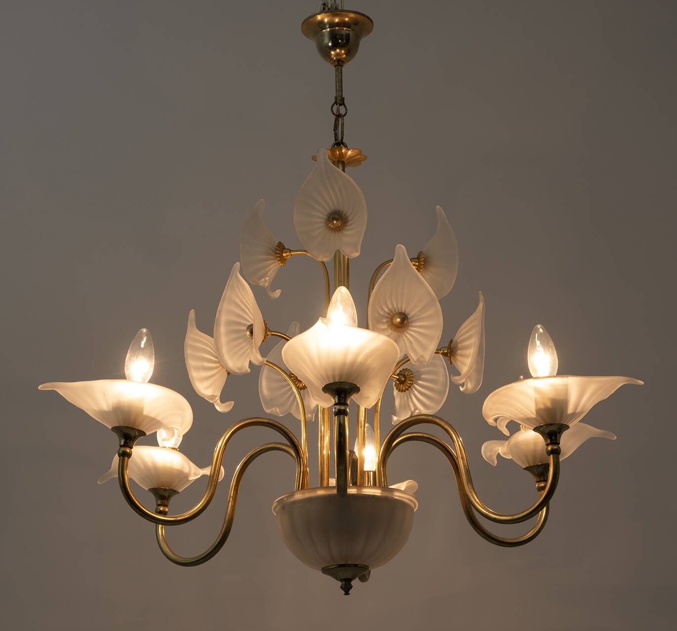 Mid-Century Modern Italian Murano Lattimo and Brass Chandelier, 1970s