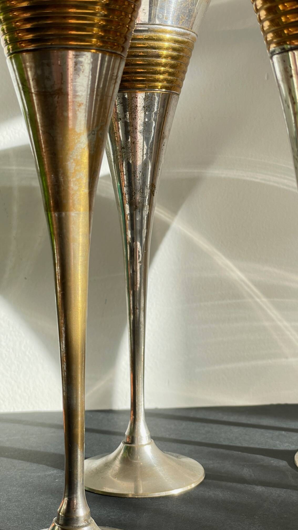 6 Vintage Silver-Plated Brass Champagne Flutes