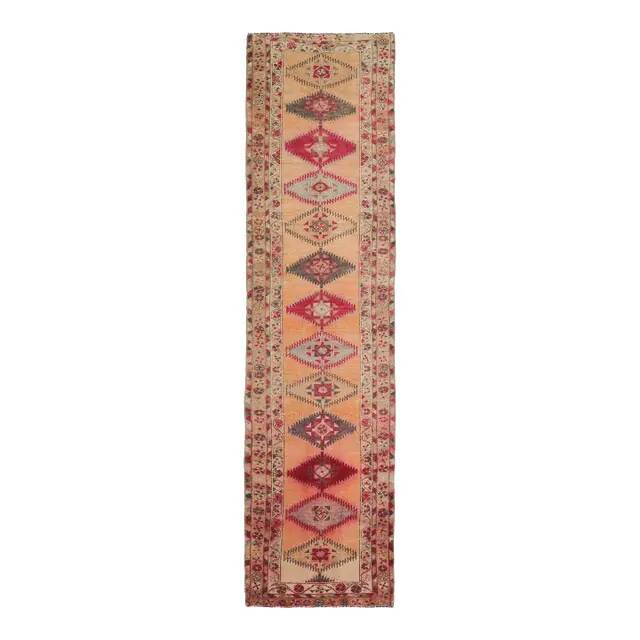 Vintage Turkish Hand-Knotted Wool Cotton Orange Runner Rug 85x344