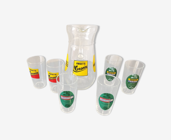 Ensemble a aperitif compose de 6 verres et une cruche anisette vintage