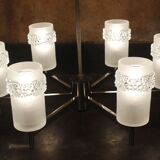 Chandelier space age 6 lights in chrome & glass molded by Hillebrand Lighting, 1960s