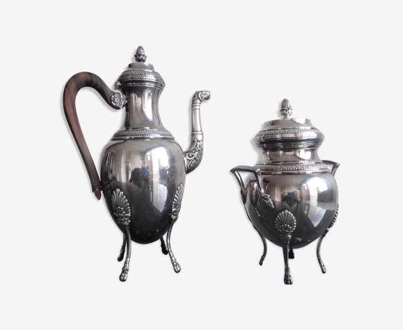 Ancienne théiere et sucrier en métal argenté poinçon style empire début XXème