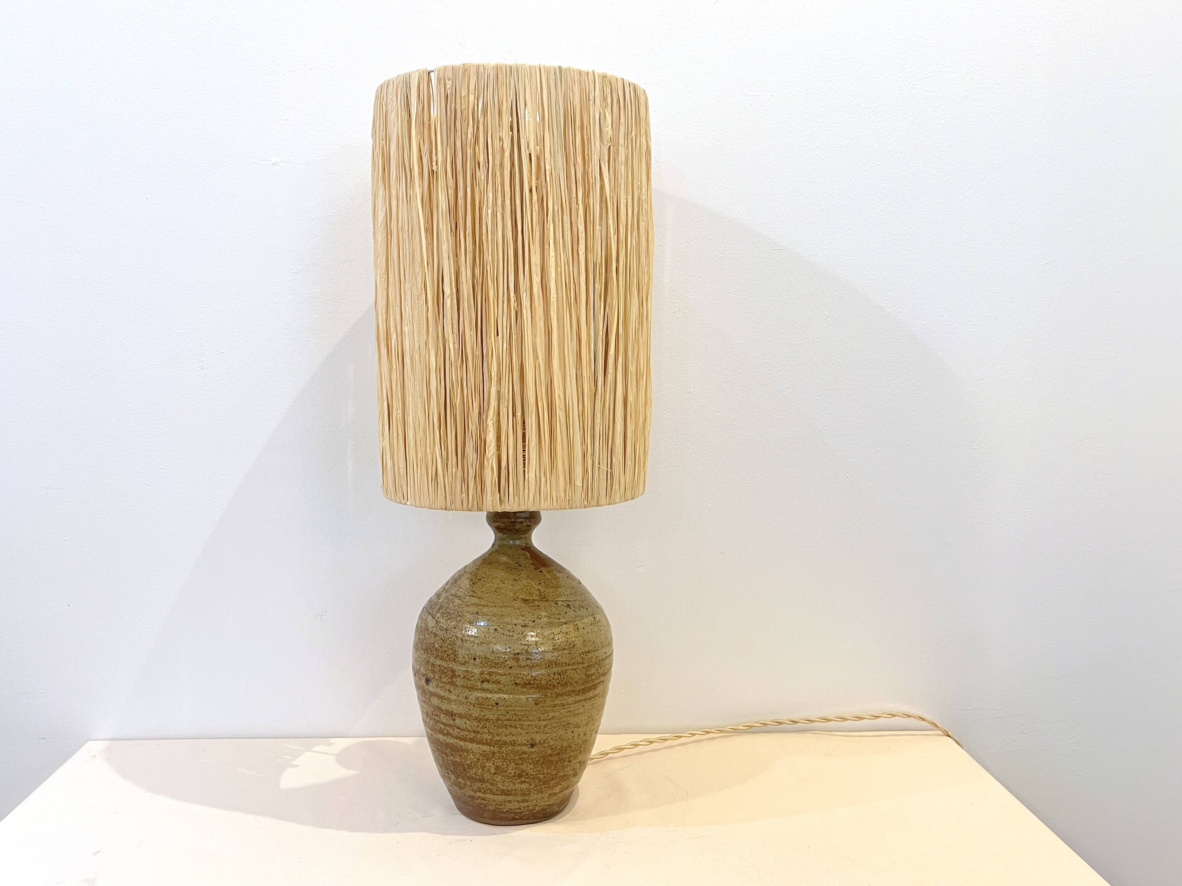 XXL Vintage Lamp Base in Beige Brown Stoneware with Raffia Lampshade 1970