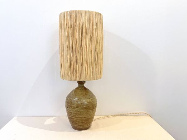 XXL Pied de Lampe vintage en grès beige marron abat-jour en raphia  1970