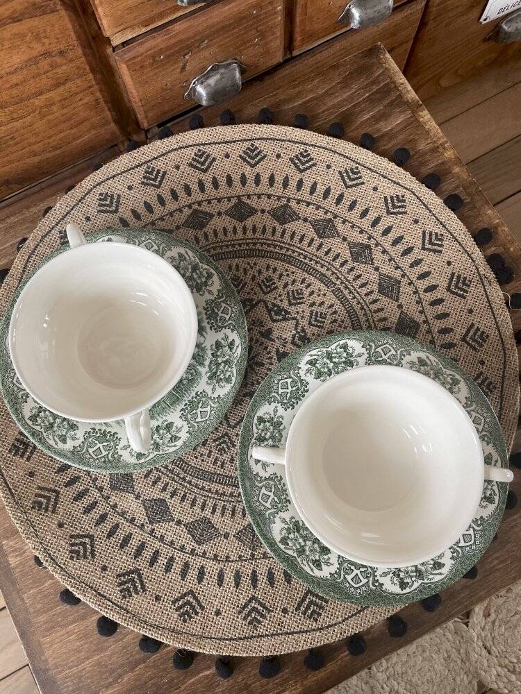 Ensemble de 2 bols à bouillon et soucoupes verts ironstone England